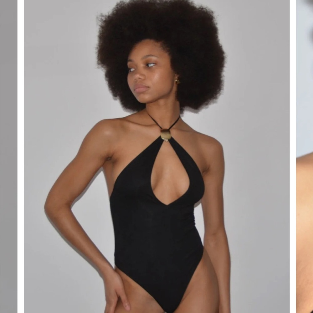 Black Halter One-Piece Cotton Bodysuit with Keyhole